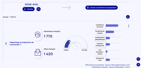 Capture d'écran du site Data Emploi présentant les données pour le bassin d'emploi Seine Aval